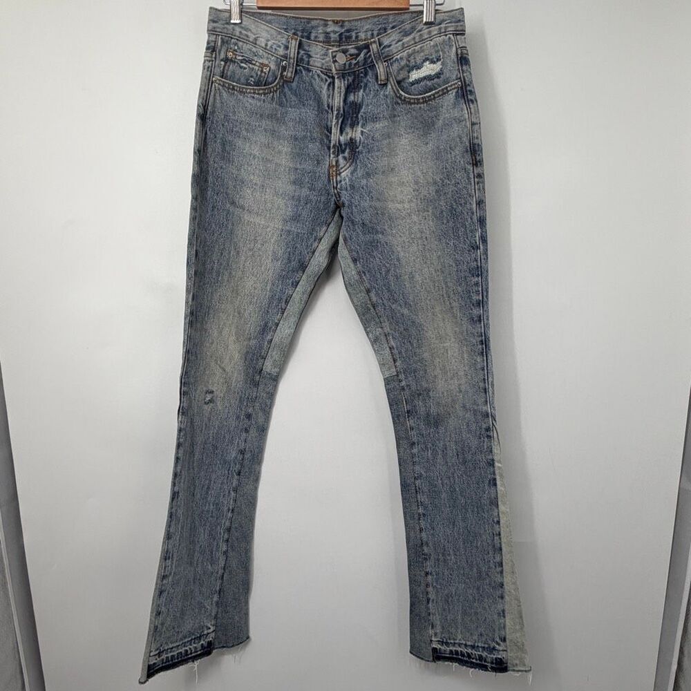 MNML Blue Wash Flare Denim Button Fly Distressed Raw Hem Jeans Size 29